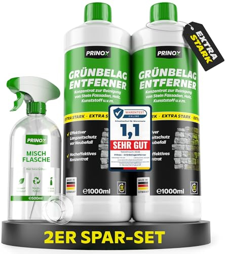PRINOX® Grünbelagentferner Konzentrat 2x 1000ml inkl. Mischflasche – EXTRA STARK I Moosentferner & Algenentferner für Fassade, Terrasse, Dach, Pflasterstein I Chlorfrei & Säurefrei I Made in DE