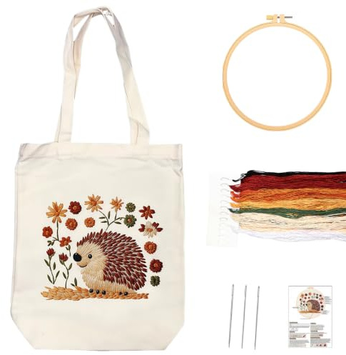 TREVMAR Kit Broderie Debutant Tote Bag Kit Broderie Adulte avec Motif Hérisson Pré-imprimé Sac Cabas en Toile Blanc avec Tambour à Broder Fils Aiguilles et Instructions DIY Créatif