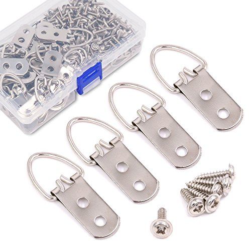 swpeet 60 pcs Heavy Duty grande amplia D anillo forma Non-Trace de uñas Marco Perchas de imagen doble agujero con Tornillos, para decoración del hogar, marco de fotos para colgar con caja transparente