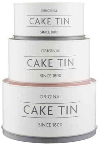 Mason Cash Innovative Kitchen Set of 3 Cake Tins | Nesting & Stackable Cake Storage Containers with Elevated Base for Serving & Cutting | Tins for Cakes, Biscuits & Bakes