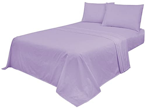 Voice7 Non Iron Lilac 4pc Sheets Set (Fitted Sheet + Flat Sheet + Pillow Cases Pair) Percale Super Poly Cotton Bedding Sets (Lilac, king)