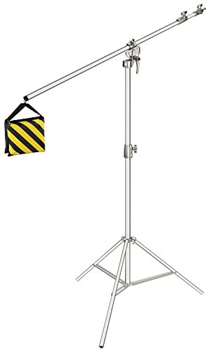 Neewer 2-en-1 Support d'Eclairage 1,23-3,85m Hauteur Réglable avec 2,16 m Bras de Flèche et Sac de Sable, en Alliage d'Aluminium, pour Parapluie Softbox Flash Photographie de Portrait Vidéo (Argenté)