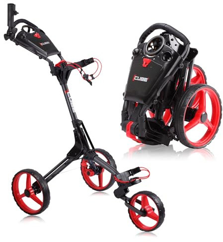 CUBE CART 3-Wheel Golf Push Cart – Ultra-Compact 14.5 lb Folding Golf Trolley, Two-Step Fold, Adjustable Handle, Foot Brake, Umbrella Holder & Built-in Storage - Charcoal/Red