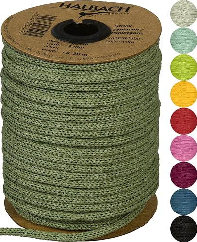 Halbach Papier-Strickschlauch, 4 mm x 30 m, grün | Befüllbares und reißfestes Schlauchgarn, für Knüpfarbeiten oder Biegen individueller Formen durch eingezogenen Draht