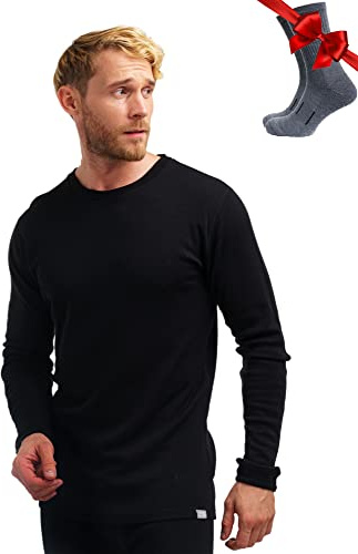 Merino.tech Camiseta Lana Merino Hombre - Deportiva Ropa Térmica 100% Lana Merino Ligero, Medio, Pesado con Calcetines (Medium, Black 250)