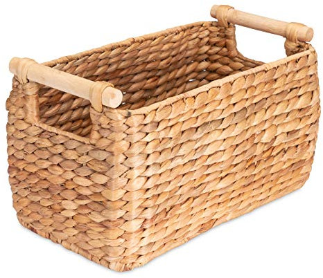 Decorasian Korb Aufbewahrung geflochten aus Wasserhyazinthe - Seegras lang und schmal mit Holzgriff