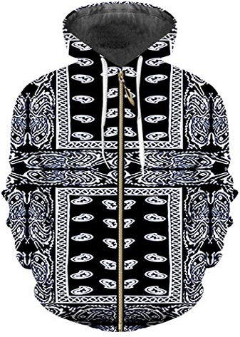 Acoiseny Herren 3D Print Schwarz Bandana Hoodies Paisley Sweatshirt Männlich Langarm Reißverschluss Hoody Cashew Blumendruck Jacken Bandana Paisley 5XL