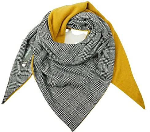 Landhuis handmade – XXL Dreieckstuch Glencheck schwarz weiß & curry – beidseitig tragbar mit Clipverschluss – Jacquard Jersey & Polarfleece