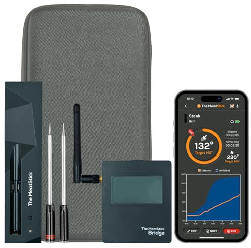 The MeatStick Bridge Set 2 Fleischthermometer Set I 2x MeatStick und WiFi Bridge für 90m Bluetooth Reichweite I inkl. Ladegerät und Tasche I kabellose Thermometer Grillzubehör