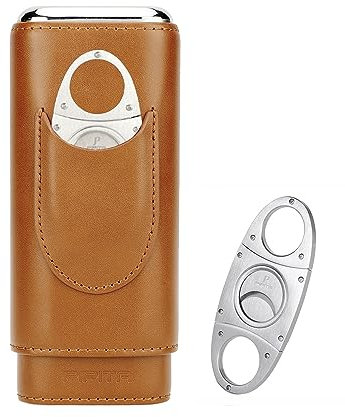 PIPITA Zigarrenetui Portable Travel 3 Tubes Eleganter Zigarren Humidore aus Leder mit High-End-Edelstahl-Zigarrenschneider Tragbare Geschenktüte (Braun)