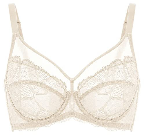 DOBREVA Women's Lace Full Coverage Minimiser Bra Unlined Underwire See Through Plus Size Bra Parchment 40F