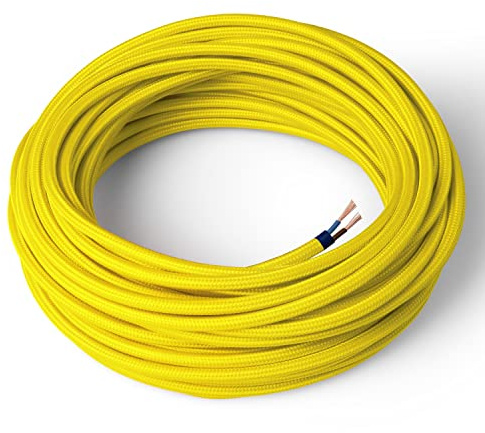 Amarcords - Câble électrique textile couleur JAUNE CITRON, rond, soie, 5 mètres, à 2 brins 2x0,75 - Fil vintage en tissu coloré, pour lampes, lustres, appliques et abat-jours.
