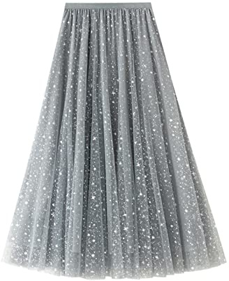SotRong Glitzer Tüllrock Grau Damen Midi Überlagerter Mehrlagiger Elastischer Hoch Taillierter A Linien Tutu Rock Mesh-Chiffon-Faltenrock mit Blumendekoration