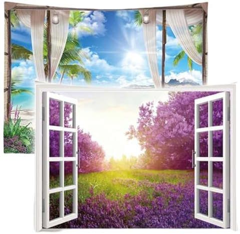 Ulticool – Tapiz Decoración Piso - Playa Mar Naturaleza Lavanda Flores - Azul Blanco Púrpura - Juego de 2 diseños - 73 cm x 95 cm - Toalla de pared - Accesorios para dormitorio, salón