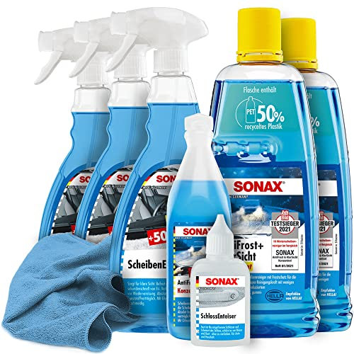 detailzone Auto Winterset 8-teilig 3X SONAX Scheibenenteiser, 1x Schlossenteiser, 3X Antifrost Konzentrat Mikrofasertuch - hochwertige Autopflege für die kalte Jahreszeit