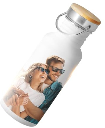 GRAVURE CONCEPT Personalisierbare Trinkflasche 620 ml – Kanister zum Personalisieren aus Edelstahl und Bambus (BOINA)