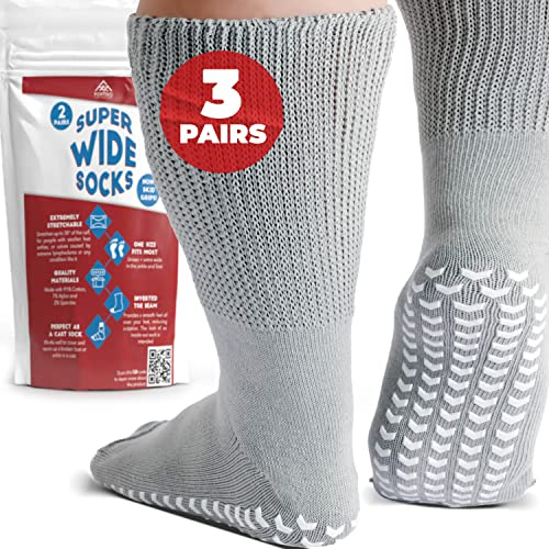 Extra Wide Socks for Swollen Feet, Bariatric and Diabetic Socks for Men and Women, Non-Slip Hospital Socks - 3 Pairs