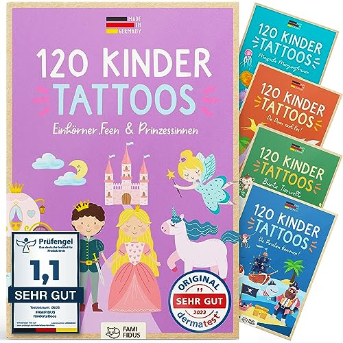 Famifidus 120 Kinder Tattoos hautfreundlich I Zauberhaftes Geschenk für Mädchen und Jungen I Dermatologisch SEHR GUT I Tattoo Kinder Made in Germany I Tattoo für Jungs & Mädchen | Gadget Party Kinder Geburtstag