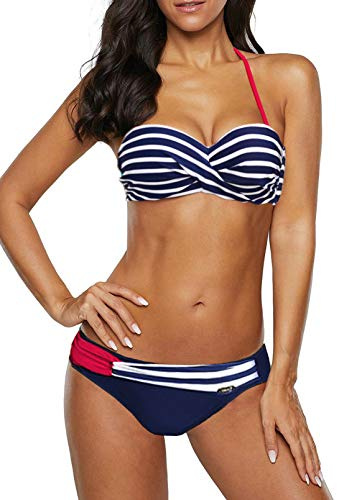 Dokotoo Bandeau Bikini Damen Push Up Zweiteilige Badeanzug Bademode Bikini Set, 01-Blau, X-Large