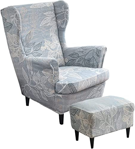 Ohrensessel überzug mit Hocker Bezug, 2 Teilig Sessel-Überwürfe+1 Teilig Ottomane Schonbezug, Beige/Grün/Rosa/Blau Ohrensessel Schonbezüge Sesselhusse Stretch Tiger Stuhlbezug mit Armlehne ( Color : #