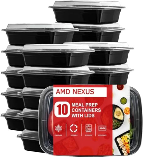 AMD Nexus (10 Pack, 32oz) 1 Compartment Plastic Meal Prep Containers - Reusable BPA Free Food Containers with Airtight Lids - Microwavable, Freezer and Dishwasher Safe