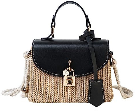 MCHDMI SYT-MD Strohtaschen Damen Schultertasche Sommer Mode Rattan Handtasche Messenger Strand Tasche Korbgeflecht Kupplung Kleine Quadratische Tasche Strohtasche (Color : Black)