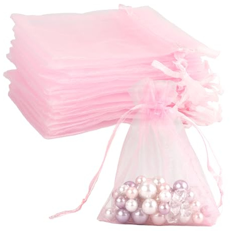 BOEIAC Organzabeutel – rosafarbene durchsichtige Organza-Geschenkbeutel, 50 Stück, 7,6 x 10,2 cm, Schmuck- und Partybeutel mit Kordelzug, Netz-Süßigkeitenbeutel für Hochzeit und Weihnachten