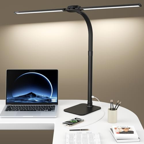 Kary Led Schreibtischlampe Dimmbar mit fuß, 24W Ultra Hell Doppelkopf tischlampe für Büro, Arbeit, Design,Lesen, Augenpflege Lampe mit Fernbedienung und USB-Ladeanschluss, Schwarz