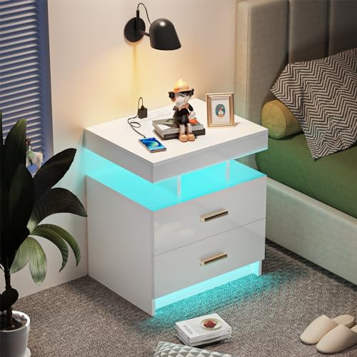 HaodaCulture Nachttisch LED, Nachttisch mit Beleuchtung, Weiß, Hochglanz, 2 Schubladen, 16 Farben LED, Verstellbar, Ladestation für Schlafzimmer (1, weiß), 50x40x58cm