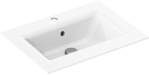 Saqu Fluente Waschbecken mit 1 Hahnloch 61x51x1 cm - Glänzend Weiß - Waschbecken für Unterschrank, Waschtisch für Badmöbel Set
