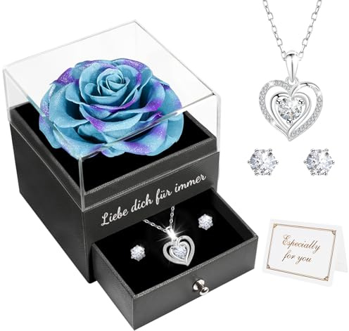 Miofula Ewige Rose Geschenke für Frauen,Rosen mit Herz Halskette und Ohrringe aus 925 Sterlingsilber, Infinity Rose Kette Geschenke für Sie Mama Oma Freundin Geschenk Geburtstag Jahrestag Muttertag