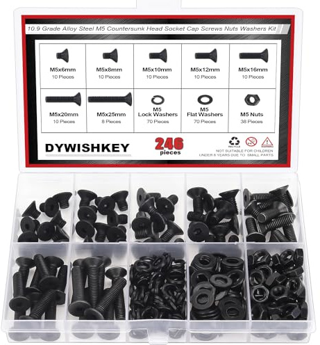 DYWISHKEY 246 Pieces M5 Black Screws, 10.9 Grade Alloy Steel M5x 6/8 /10/12 /16/20 /25mm Countersunk Head Socket Cap Screws Bolts Nuts Washers Assortment Kit