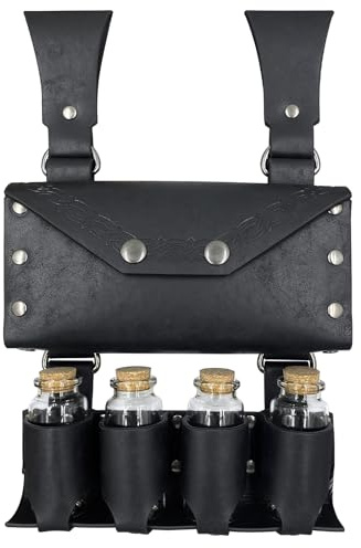 HiiFeuer Mittelalterliche Alchemie Kunstleder Gürteltasche mit 4 Kork Zaubertrank Fläschchen, Fantasy Wizard Hüfttasche Side Pack für Halloween (Schwarz A)