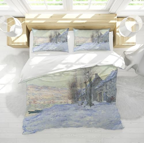 DINGSION Claude Monet Style Bettwäsche Set 3 Stück Lavacourt Sunshine and Snow Atmungsaktives Schlafzimmer-Bettwäsche-Set mit 2 Kissen Shams Reißverschluss 4 Bänder 200 x 200 cm