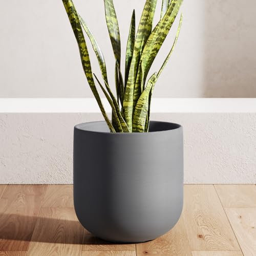 LE TAUCI 25 cm Plant Pot, Ceramic Pots for Plants with Drainage Holes and Rubber Plug, Plant Pots Indoor Outdoor for Home Garden Patio Office, Cylinder Flower Pot, Charcoal Gray