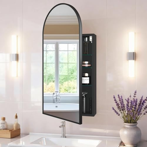 FKWin Gewölbter Medizinschrank mit Spiegel, Aluminiumlegierung, gebürsteter Rahmen, Badezimmerspiegel mit Stauraum, 3 verstellbare Ablagen, Kosmetikspiegel, Black, 40cm x 80cm