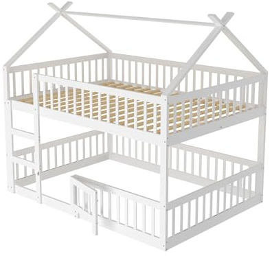 Azkoeesy Etagenbett 140 x 200 cm für 4 Kinder, Doppelbett, Kinderbett, Hausbett, mit Rausfallschutz und Gitter, mit Tür, mit Lattenrost, Weiß