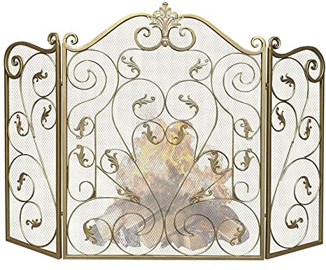 Kaminschutzgitter für Kamin, Metall, für drinnen und draußen, Gasherd, Feuerstelle, 3-Platten-Geflecht mit dekorativer Schnörkel-Goldumrandung (70 x 30,5 x 91,5 cm)