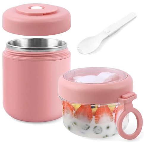 Acasimo Edelstahl Müslibecher to Go, 2-in-1 Joghurtbecher to Go Mit Löffel, 530ml+330ml Tragbarer Auslaufsicherer Müslibecher Geeignet für Gefrierschrank, Spülmaschine, Erwachsene(Rosa)