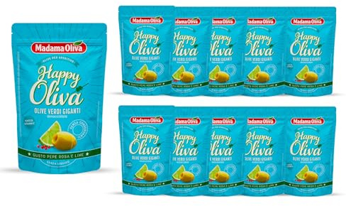 Madama Oliva Pack 10 Bustine Olive Verdi Giganti Denocciolate 80g, Varietà Halkidiki, Gusto Lime e Pepe Rosa, Lavorazione Sivigliana, Senza Conservanti, Atmosfera Protettiva