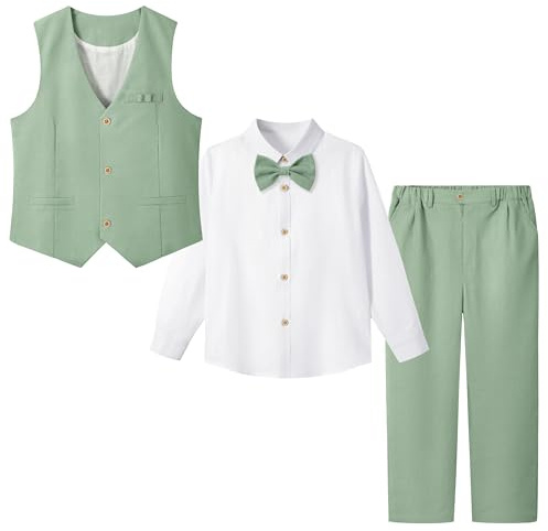 LOLANTA 4 Pezzi Completo Cerimonia Elegante Bambino, Ragazzi Paggetto Matrimoni Battesimo Abito in Lino Gilet Suit Set, Verde, 10-11 Anni, 150