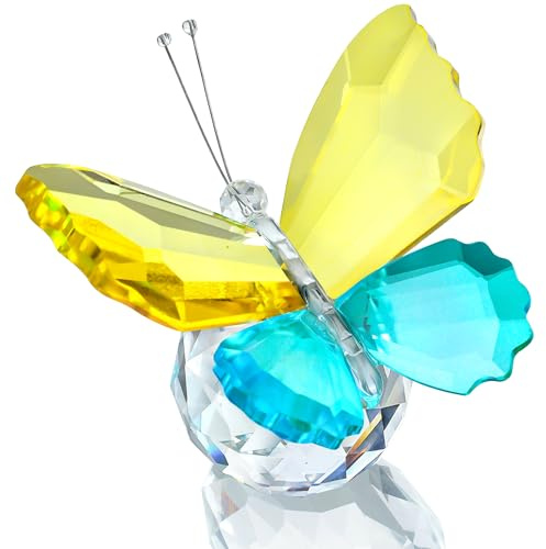 Figurines papillon en cristal jaune cyan bleu décoration de table cadeau pour femme | Figurines papillon en cristal jaune cyan bleu à collectionner pour table, bureau, étagère, décoration de mariage