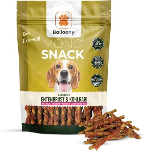 Balloony.pet Monosnack tuggpinnar ankbröst och kålrabbi – naturligt hundgodis för känsliga hundar – lufttorkat godis för hundar (150 g)