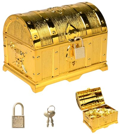 Pumwoy Pirate Treasure Chest Storage Box, Golden Kids Pirate Treasure Chest Toy Box, Plastic Adventurous Treasure Box with Lock for Decorations, Party, Treasures-Hunting