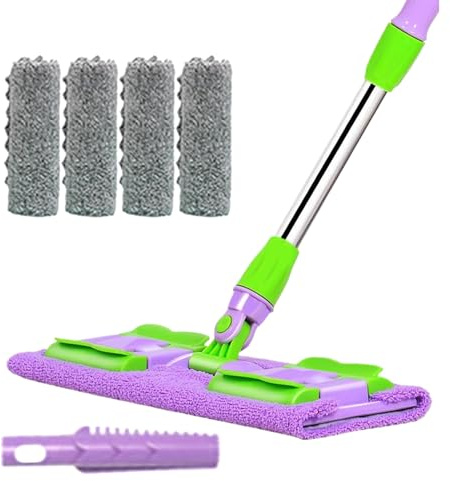 Balai à poussière pour parquet - avec 4 Chiffons en Microfibre lavables - Manche télescopique Rotatif à 360 ° pour Les Types de sols