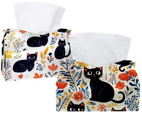 Confezione da 2 graziosi gatti neri e fiori (70) porta fazzoletti per il viso, per bagno, cassettiere, comodini, salotti e uffici