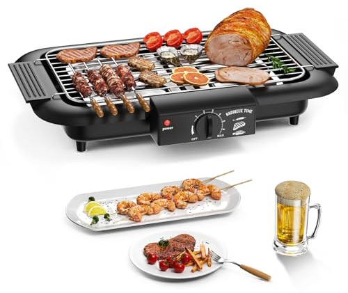 Mihoho Electric BBQ Grill, Smokeless Non-Stick Indoor/Outdoor Barbecue, 2000W Double tube High Power Portable Removable Stand Grill for BBQ Party (Black A)