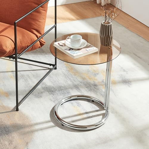 [en.casa] Beistelltisch Ylivieska Sofatisch mit Glasplatte Wohnzimmertisch 46 x Ø45 cm Dekotisch Kaffetisch rund Ablagetisch mit Metallgestell Nebentisch Chromfarben/Bernsteinglas