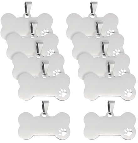 FSSTUD Hundemarken in Knochenform, Pfotenabdruck, Haustiermarken, Edelstahl, Rohlinge, Haustiermarke, Metall, Hundemarke, Anhänger, für Telefonnummer, 50 x 28 mm, 10 Stück