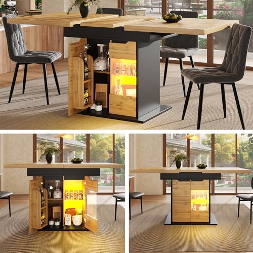 Kebnor Esstisch Teleskoptisch(110-140×80cm), klappbarer Küchentisch für 4-6 Personen, Ausziehbarer Esstisch,platzsparender Küchentisch, Tisch mit LED-Beleuchtung und Snackablage Schranktüren